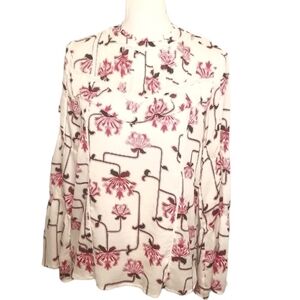 ANN Taylor blouse cream pink red XS flowy ruffle flare sleeve floral cottagecore